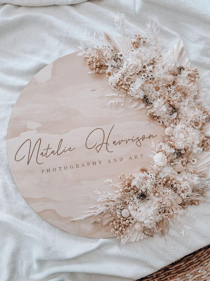 Custom Large timber business logo plaque - white/natural/daisies florals.