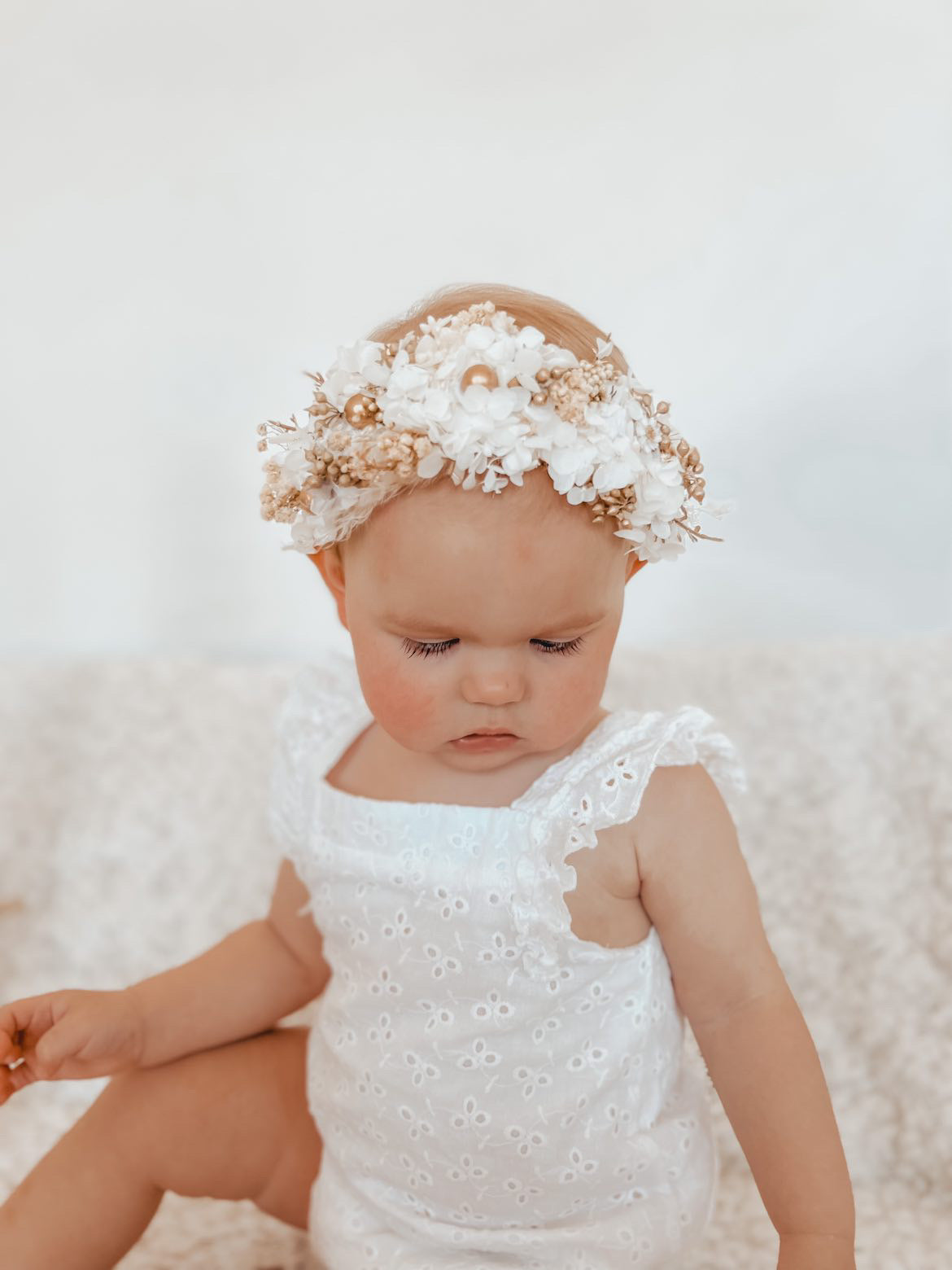 Everlasting White & gold Christmas Berry newborn flowercrown - stretchy soft elastic headband.