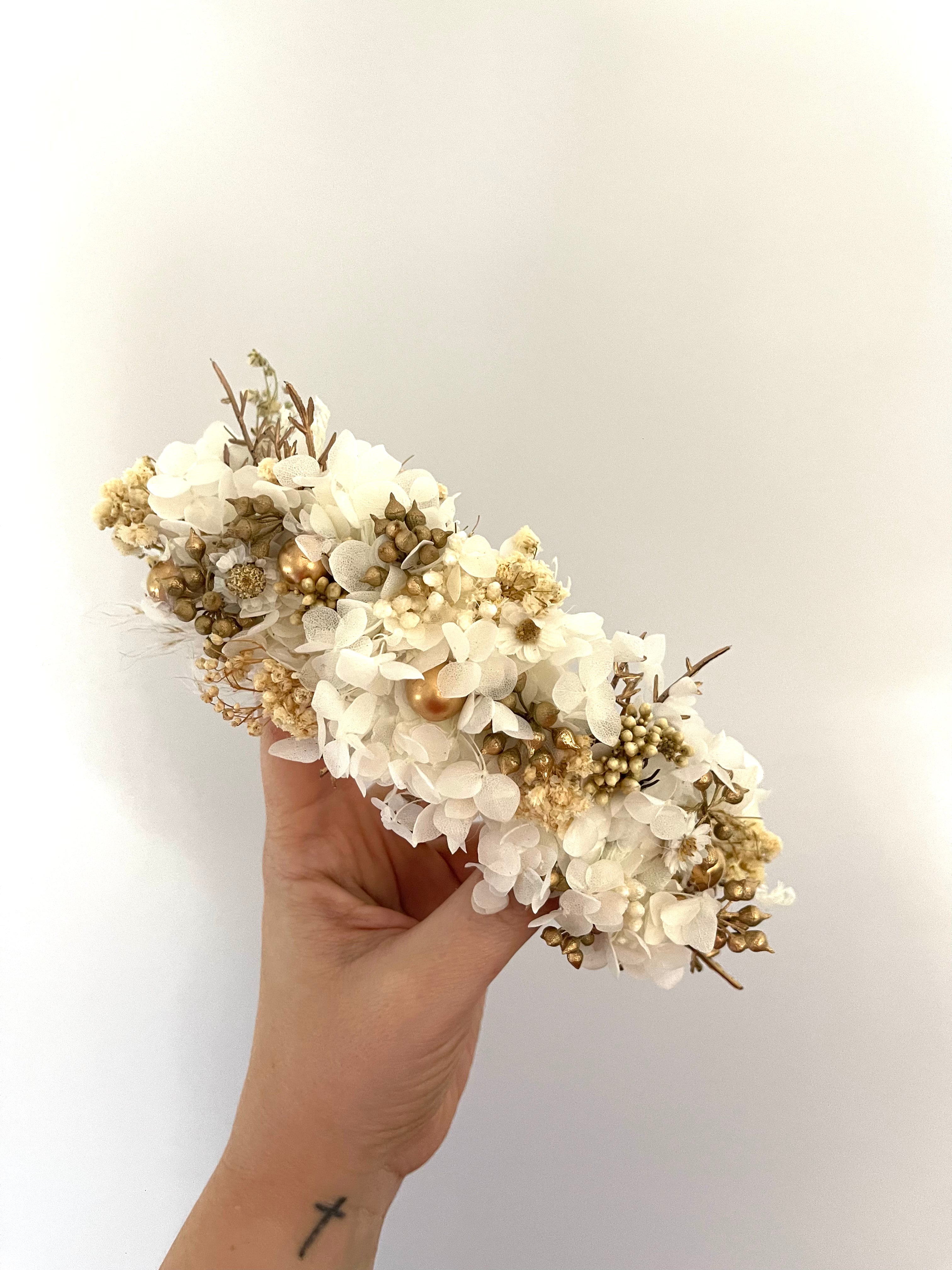 Everlasting White & gold Christmas Berry newborn flowercrown - stretchy soft elastic headband.