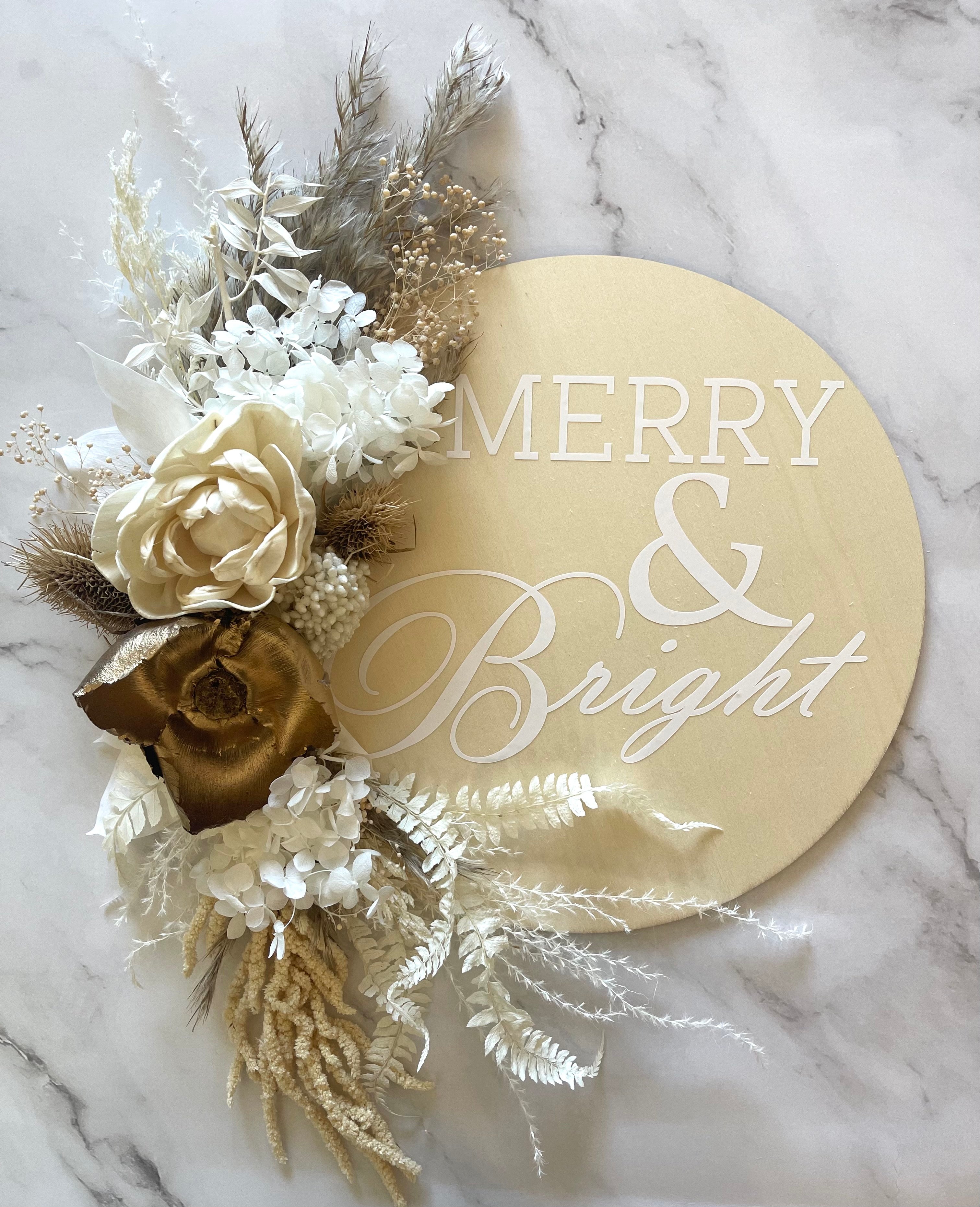 Floral + wooden Christmas sign - Merry & Bright